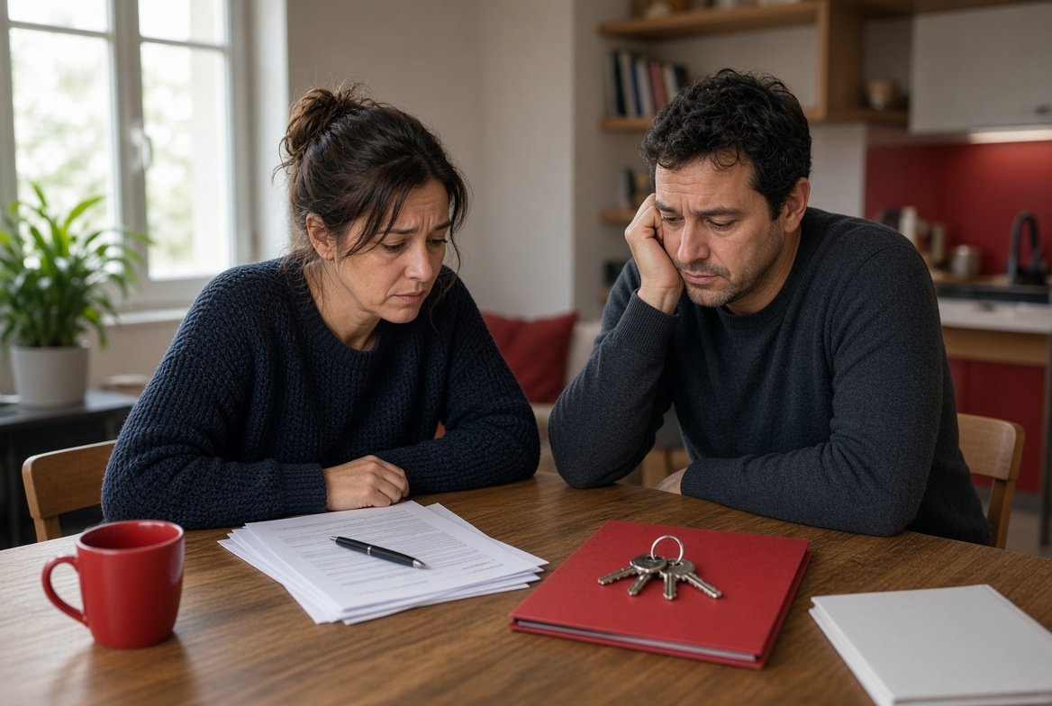 Pareja revisando documentos de hipoteca IRPH tras un divorcio