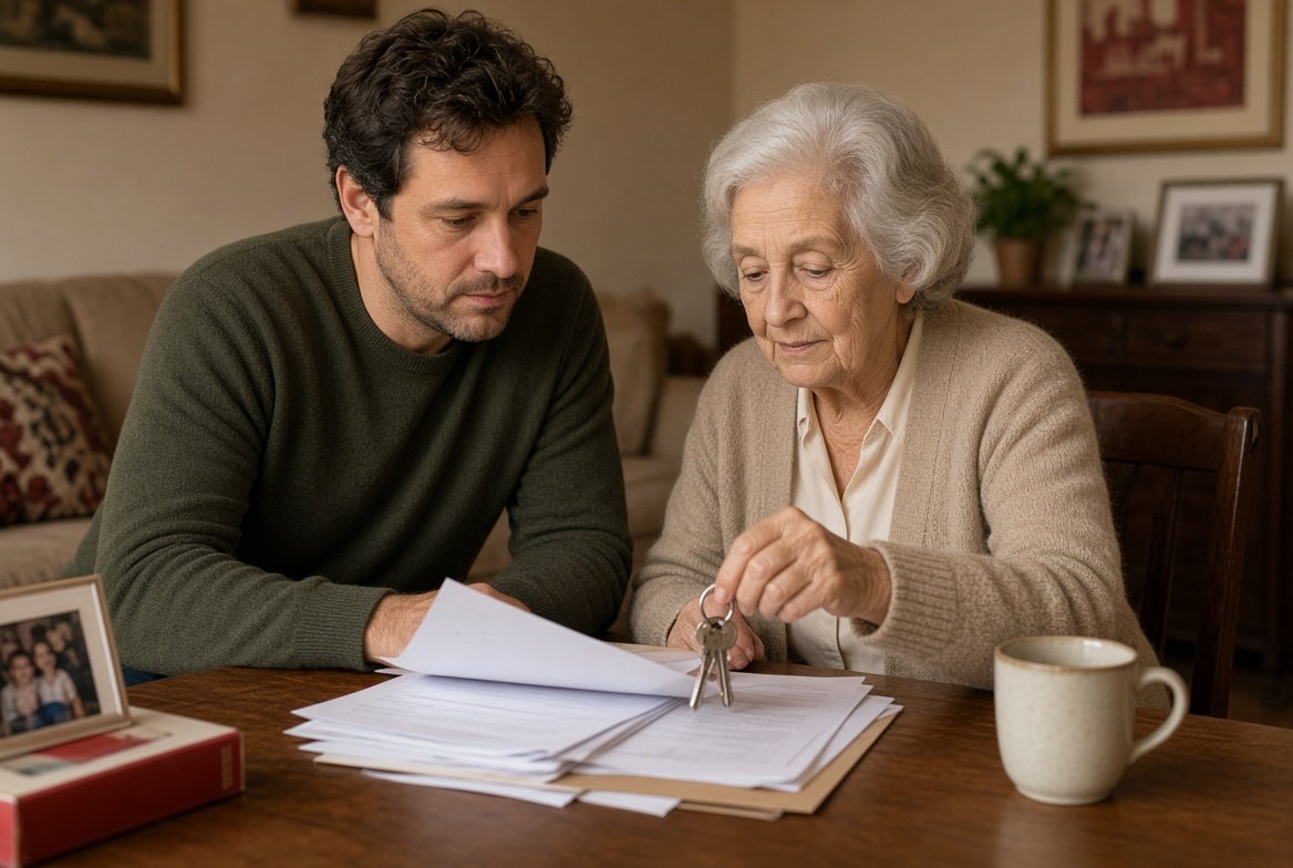 Familia revisando documentos al heredar una vivienda con hipoteca IRPH